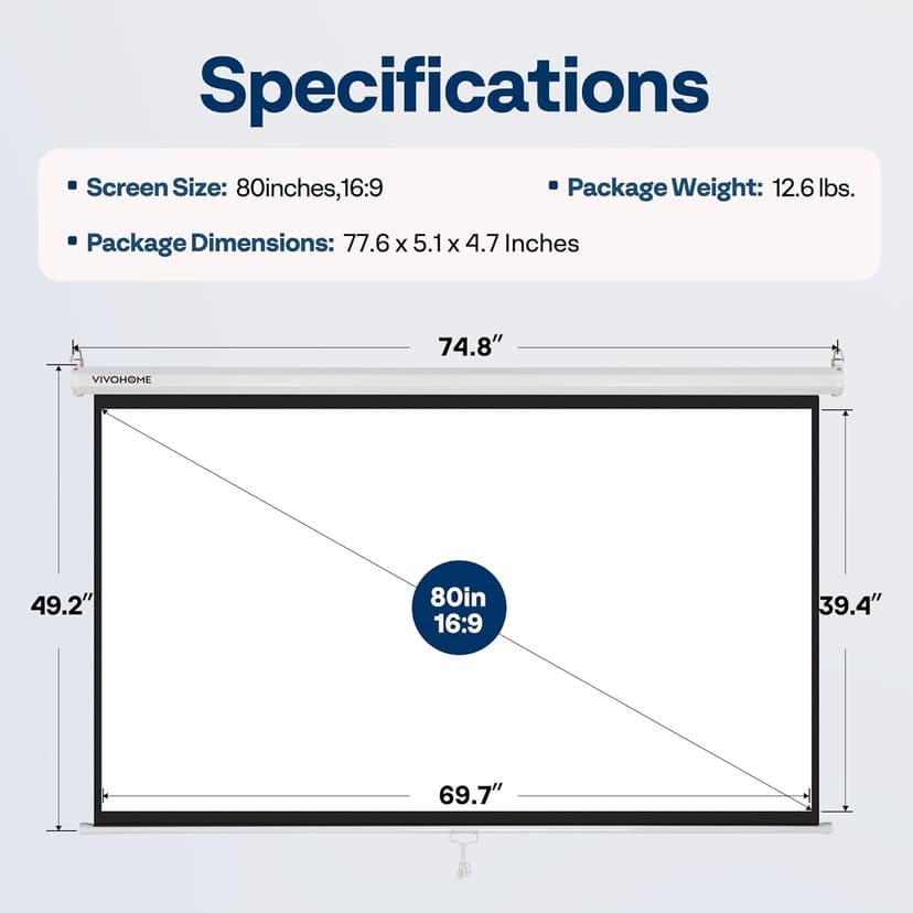 VIVOHOME Projector Screen Pull Down, 16:9 80 Inch Retractable Projection Screen, HD 4K Manual Pull Movie Screen for Home Theater, Cinema, Office (70x40 Inch White)