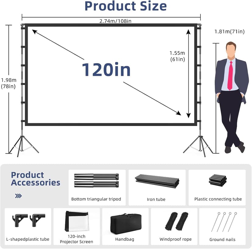 Projector Screen Outdoor, Vamvo Projector Screen with Stand Portable 120" Foldable ProjectorScreen, 10 Feet Indoor Movie-Screen with Carrying Bag for Home Theater Backyard Movie Night