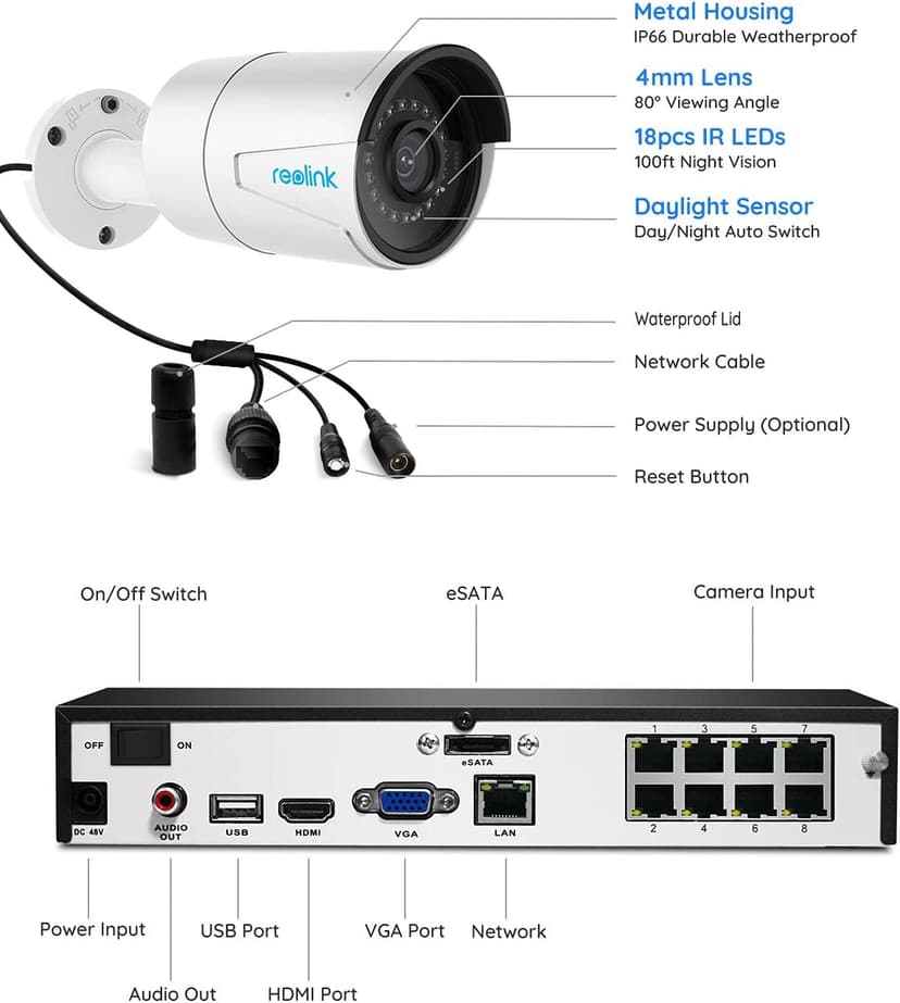 REOLINK 16CH 5MP Home Security Camera System, 8pcs Wired Outdoor PoE IP Cameras with Person/Vehicle/Pet Detection, 8MP 16CH NVR with 4TB HDD for 24-7 Recording, RLK16-410B8-5MP
