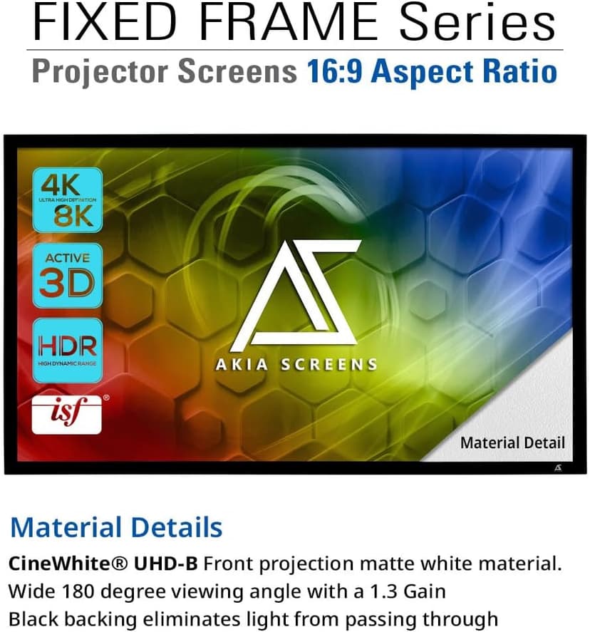 Akia Screens Fixed Frame Projector Screen 120 inch 16:9 8K 4K Ultra HD 3D Ready Wall Mount CINEWHITE UHD-B 120 Projection Screen for Indoor Movie Video Home Theater Cinema Office AK-FF120WH2