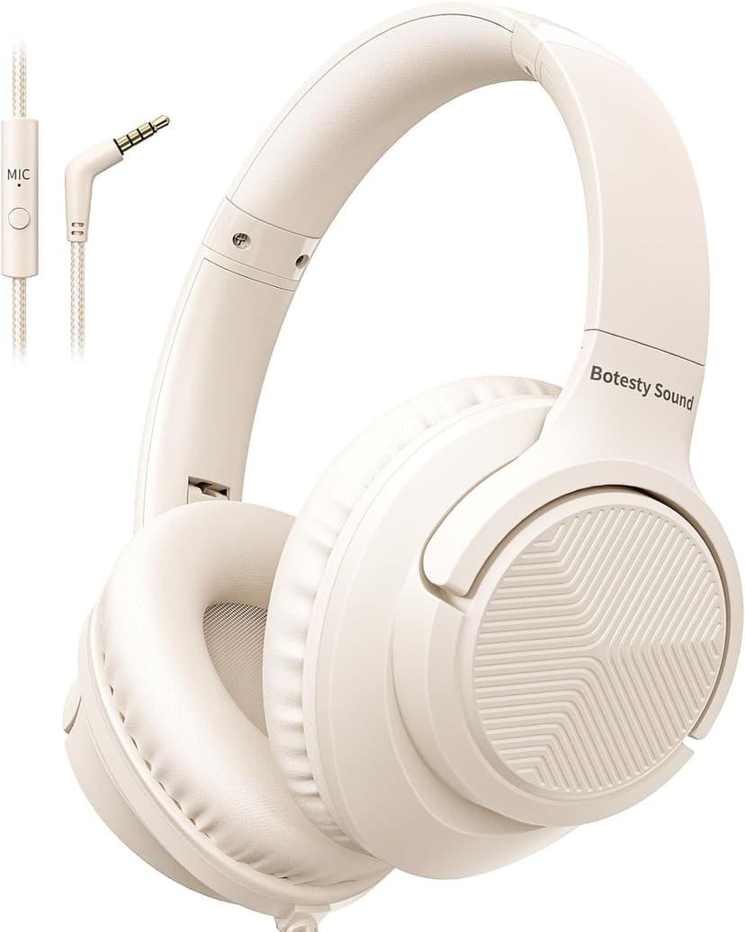 Headphones Wired with Microphone, Over Ear Foldable 3.5mm Plug in Headphones Corded with 4.9ft Tangle-Free Nylon Cord for Tablet, Laptop, MP3/4, School, Airplane Travel (Beige)