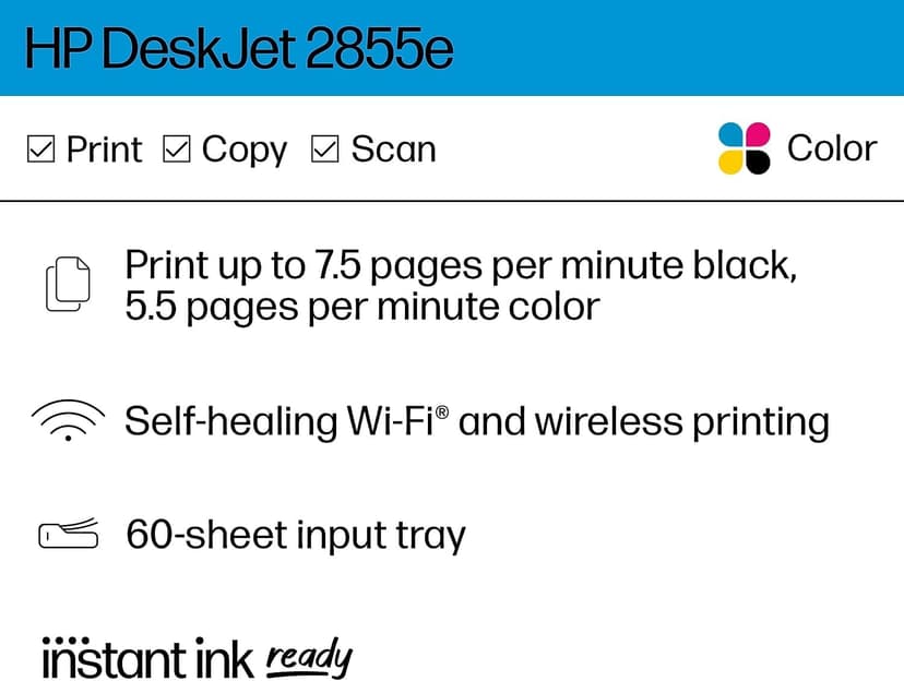 HP DeskJet 2855e Wireless All-in-One Color Inkjet Printer, Scanner, Copier, Best-for-home, 3 months of Instant Ink included, Single-band Wi-Fi connectivity (588S5A)