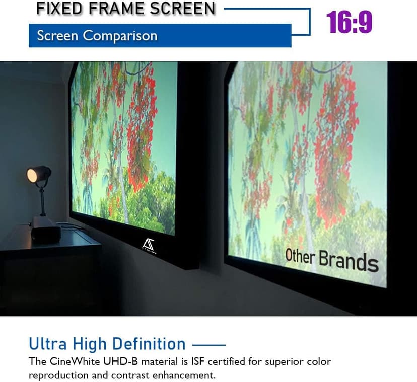 Akia Screens Fixed Frame Projector Screen 120 inch 16:9 8K 4K Ultra HD 3D Ready Wall Mount CINEWHITE UHD-B 120 Projection Screen for Indoor Movie Video Home Theater Cinema Office AK-FF120WH2