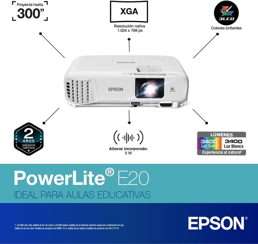 Epson, EPSV11H981020, PowerLite E20 3LCD Classroom Projector, 1 Each, White , 3.4"x11.8"x9.8"