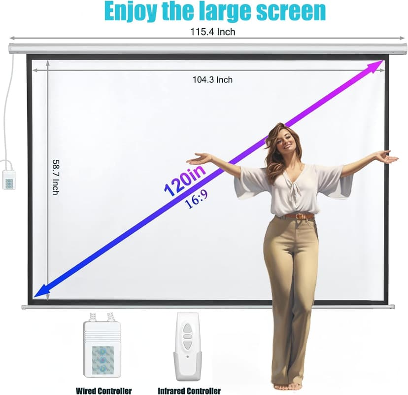 120" Motorized Projector Screen, Electric 16:9 Projector Screen with Remote Control, Indoor/Outdoor HD Movie Screen, Wall/Ceiling Mounted, Perfect for Home Office Theater TV, White