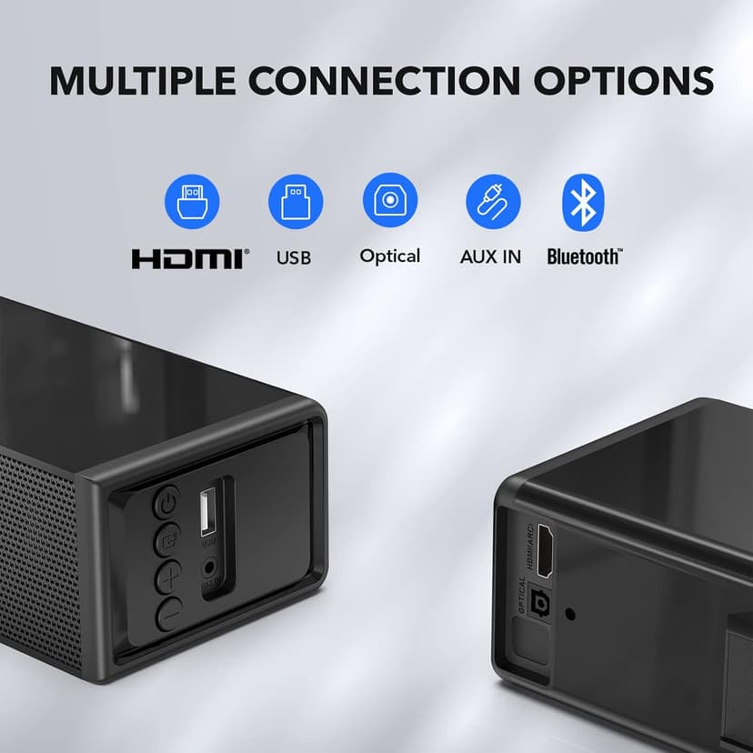Small Sound Bar for TV, PC, Gaming, Surround Sound System, Mini TV Speaker Soundbar with Bluetooth/HDMI ARC/Optical/AUX/USB Connections