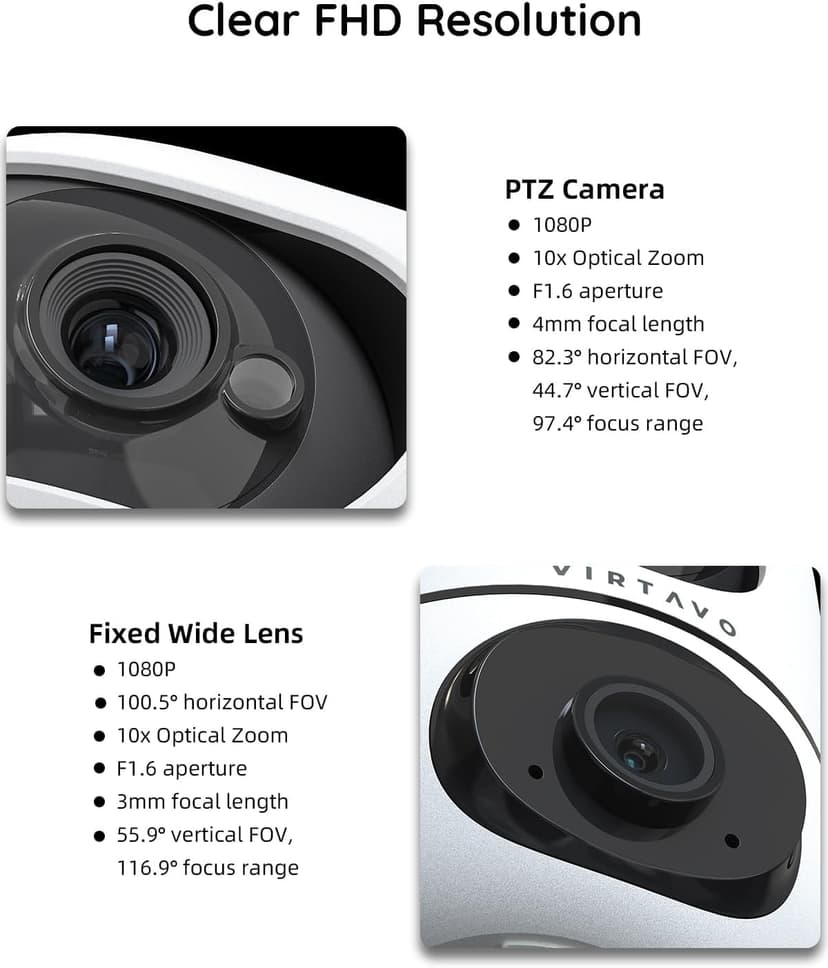 virtavo XD1 Indoor Security WiFi Camera, Wireless, Dual-Lens 360° PTZ Baby Monitor & Pet Cam, Motion Tracking, 2-Way Audio, Night Vision, Cloud/SD Storage, Phone App