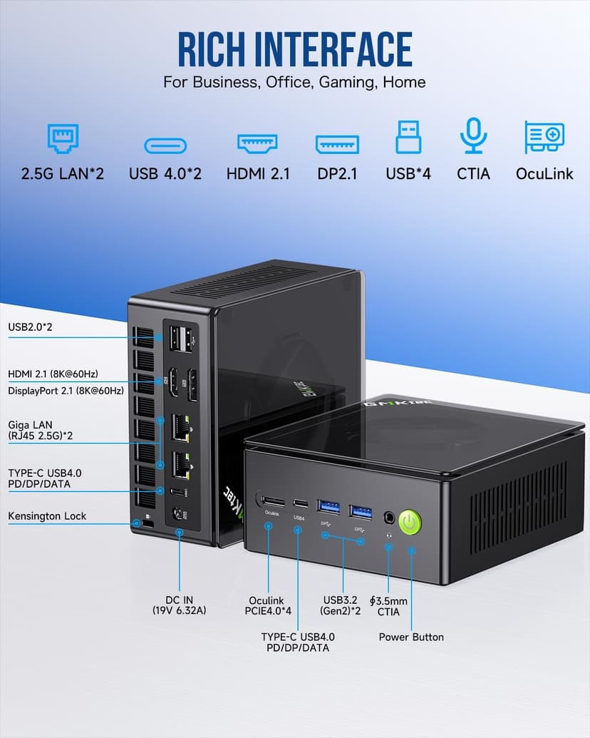 GMKtec Gaming Mini PC K8 Plus AMD Ryzen 7 8845HS(8C/16T, up to 5.1GHz) 64GB DDR5 RAM 1TB SSD, Desktop Computer Dual NIC 2.5G, HDMI 2.1, USB4