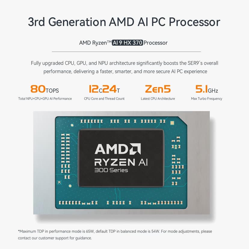 Beelink SER9 Pro AI Mini PC, AMD Ryzen AI 9 HX 370(80TOPS,12C/24T,5.1GHz), 32G LPDDR5X 8000MHz 1TB PCIe4.0 x4 SSD, AI PC AMD Radeon 890M NPU 50 AI Tops, Built-in MIC/Speakers/USB4/WiFi6/BT5.2/2.5G