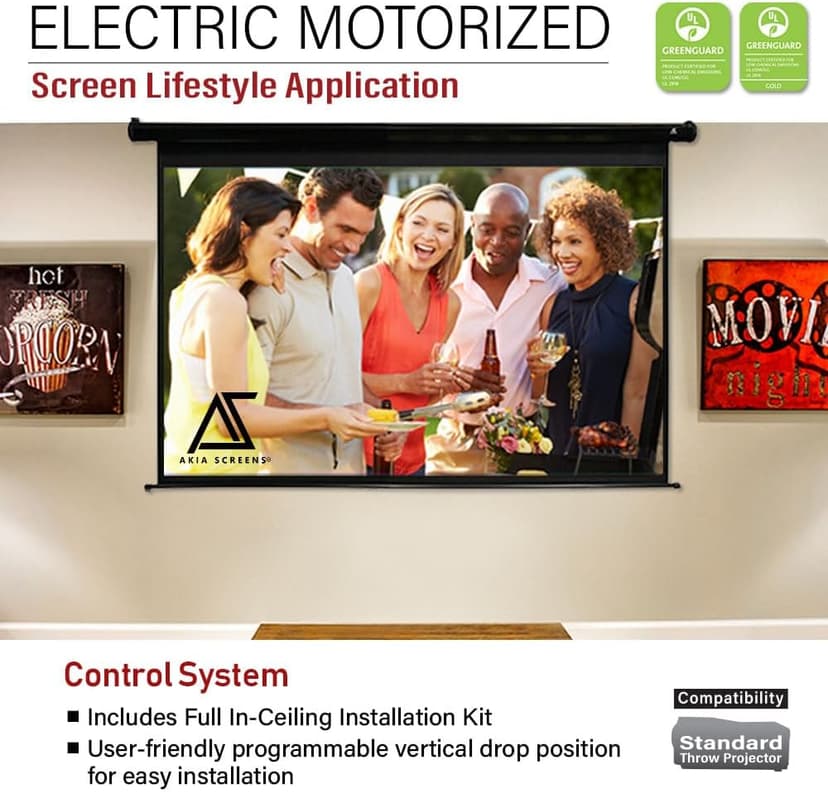 Akia Screens 150 inch Motorized Projector Screen Electric Drop Down Remote Controlled Ceiling Wall Mount Office Home Movie Theater AK-MOTORIZE150H2