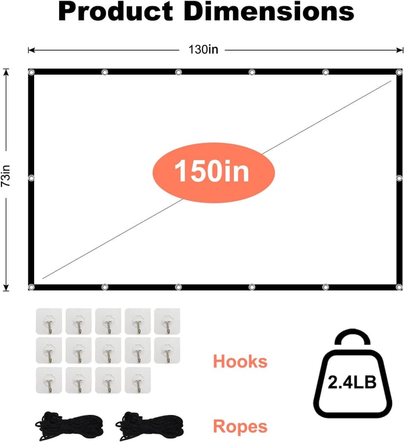 Projector Screen TOWOND 150 inch Projection Screen Indoor Outdoor Washable Anti-Crease 16:9 HD Rear Front Movies Screen for Home Theater Office