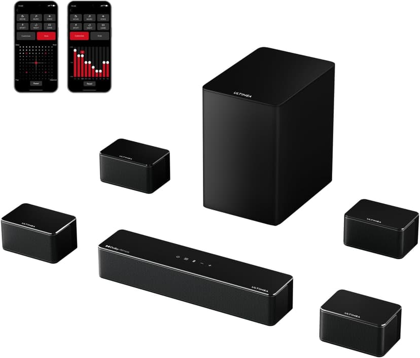 ULTIMEA 7.1Ch Soundbar with Dolby Atmos, APP Control, Surround Sound System for TV, 4 Wired Surround Speakers, Sound Bar for TV with 6.5" Wireless Subwoofer, Soundbar for TV, Poseidon D80 Upgraded