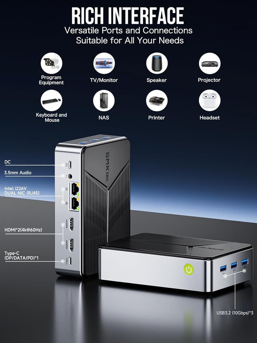 GMKtec Mini PC NAS, G9 Intel N150 Dual Boot Linux Desktop Computer 12GB DDR5 64GB EMMC M.2 SSD, 4*M.2 NVMe Slots, Dual NIC 2.5GbE, USB-C/USB 3.2 10Gbps, Network Attached Storage