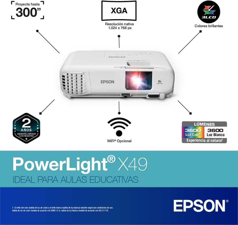 Epson, EPSV11H982020, PowerLite X49 3LCD XGA Classroom Projector with HDMI, 1 Each , 3.4"x11.6"x10.2"