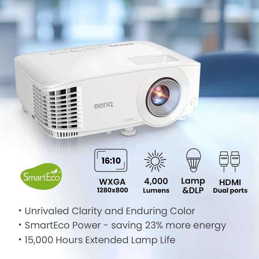 BenQ WXGA Business Projector (MW560) - DLP - 4,000 Lumens High Brightness - 20,000:1 High Contrast Ratio - Dual HDMI, VGA - Auto Keystone Correction - Simple Setup - SmartEco Technology