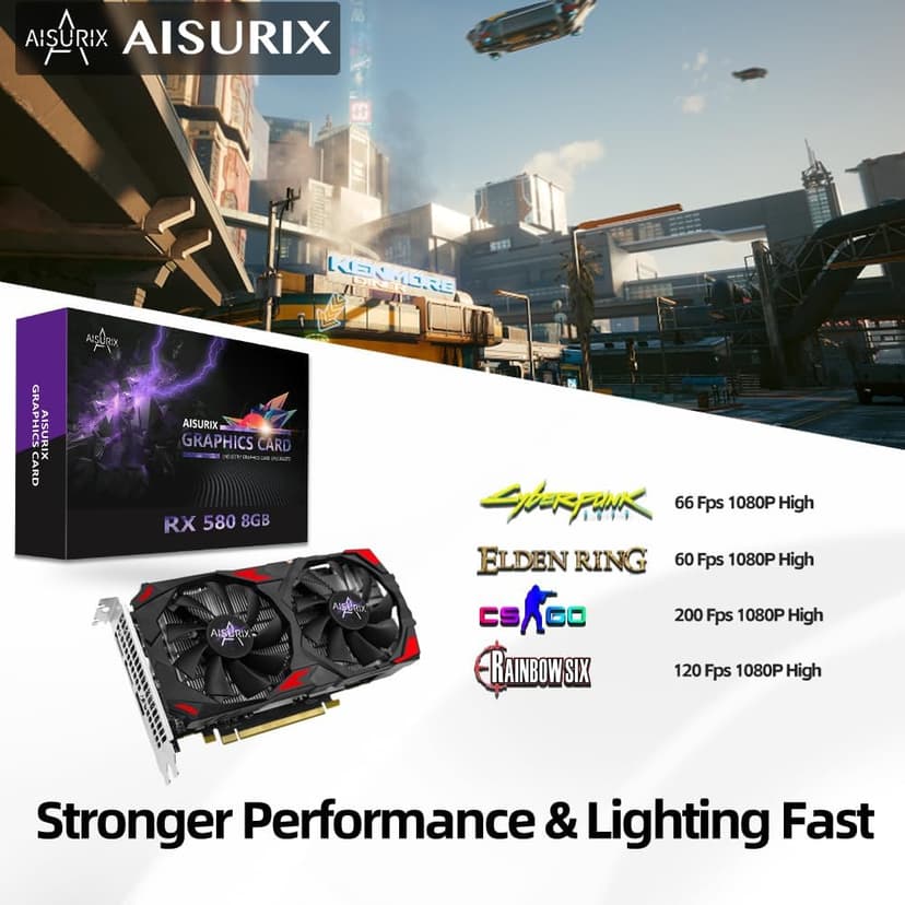 AISURIX RX 580 Graphics Card, 2048SP, Real 8GB, GDDR5, 256 Bit, Pc Gaming Video Card, 2XDP, HDMI, PCI Express 3.0 with Freeze Fan Stop for Desktop Computer Gaming Gpu
