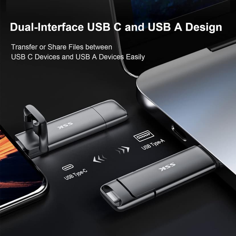 SSK 1TB USB-C Thumb Drive - Up to 1000MB/s, Dual Type-C/USB-A Flash Drive (3.2 Gen 2), Compatible with iPhone 15/PS4/Windows/Mac