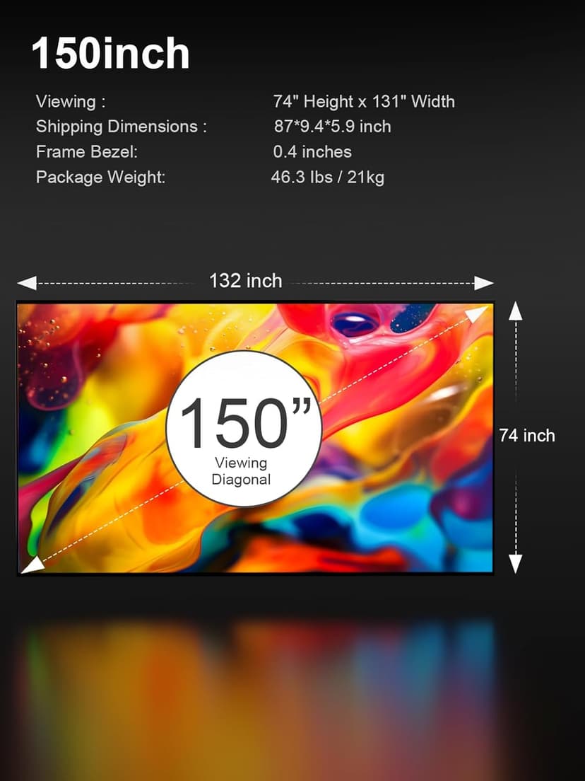 AWOL VISION 150-inch Projector Screen Fixed Frame, 1.3 dB Peak Gain, The Perfect Combo with LTV-2500, 80% Picture Quality Improved, 4K / 8K Ultra HD, Active 3D Wall Mount Projector Screen, MW-150