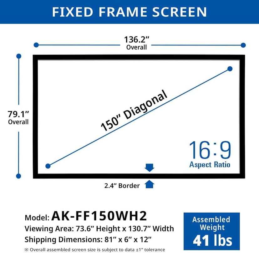Akia Screens Fixed Frame Projector Screen 150 inch 16:9 8K 4K Ultra HD 3D Ready Wall Mount CINEWHITE UHD-B 150 Projection Screen for Indoor Movie Video Home Theater Cinema Office AK-FF150WH2
