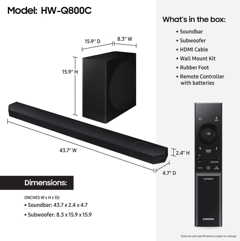 SAMSUNG HW-Q800C 5.1.2ch Soundbar w/Wireless Dolby Audio, Q-Symphony, SpaceFit Sound Pro, Adaptive Sound, Game Mode Pro, Airplay 2, AVA, 8-Inch Subwoofer, Alexa Built-in