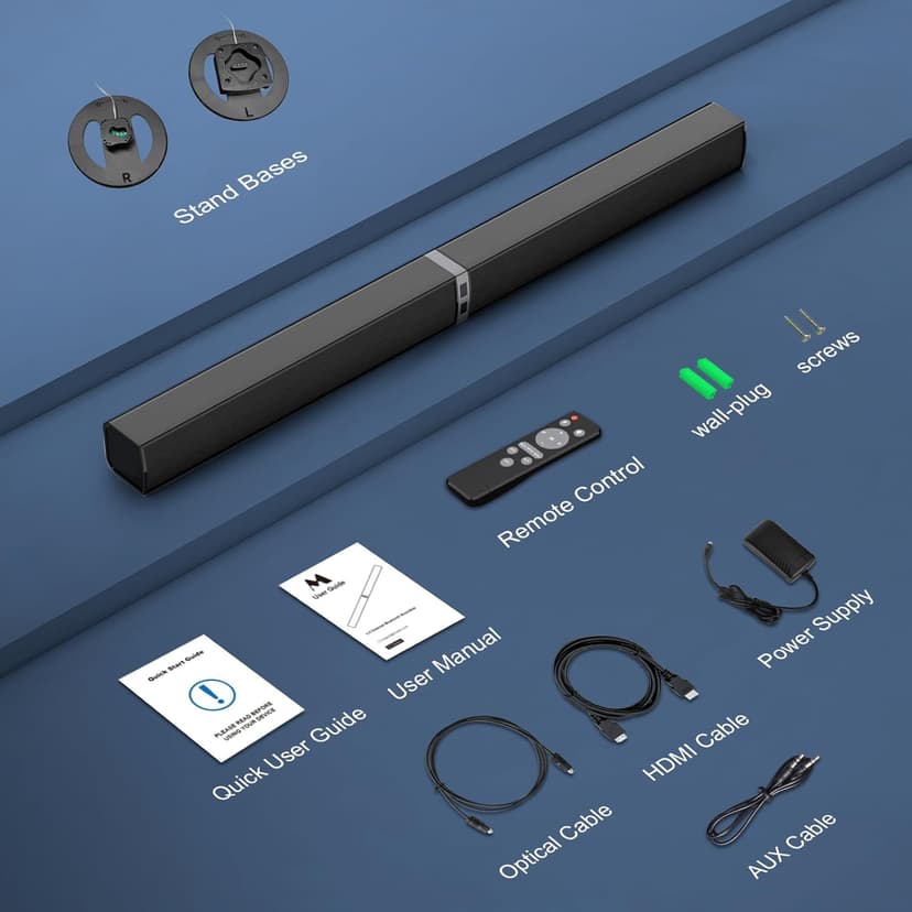 MZEIBO Sound Bar for Smart TV，80W Detachable Bluetooth Soundbar with Powerful Bass, 2-in-1 Home Theater Audio System, ARC/Optical/AUX Connectivity for TV/PC/Laptop/Game Console