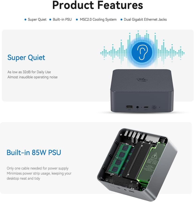 Beelink EQi12 Mini PC, Intel Core i5-12450H Processor (8C/12T, up to 4.4GHz), 16G DDR4 RAM 500GB M.2 2280 PCle 4.0x4 SSD, Mini Computer Support 4K@60Hz Dual Screen Display/WiFi6/BT5.2