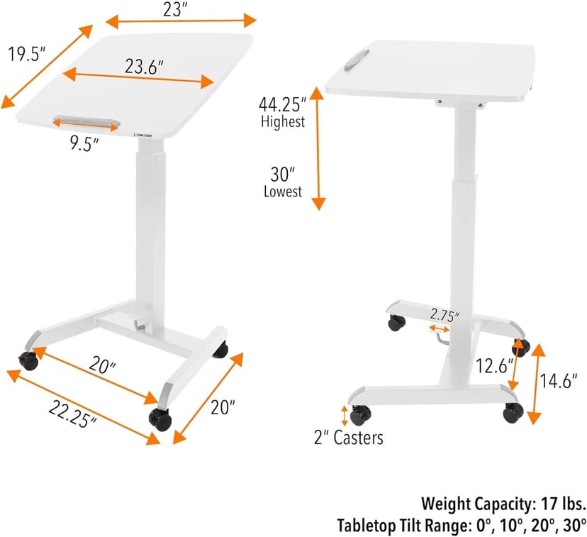 Stand Steady Multifunctional Mobile Podium Desk | Portable Sit to Stand Lectern with Pneumatic Height Adjustment & Tilting Desktop | Rolling Laptop Stand | Mobile Desk for School, Home, Office (White)