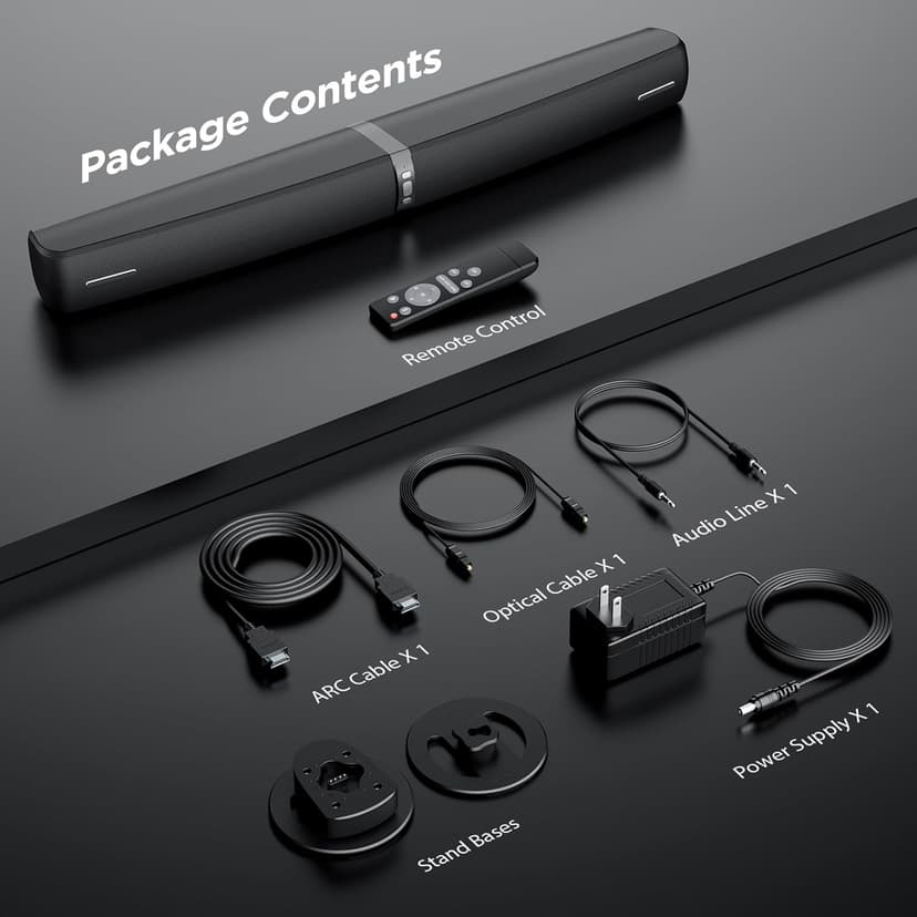 Sound Bar for Smart TV,90W Soundbar with Bluetooth/ARC/Optical/AUX Connect, Auto Volume Boost, 3 Customizable Equalizer Modes, 2 in 1 Detachable Soundbar for TV/PC/Gaming/Projectors