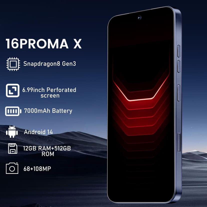 16 ProMa x Smartphone Unlocked Cell Phone, 6.99“ HD Screen 5G Phone, 8+256GB Unlocked, 7000mAh, 68+108MP Zoom Camera, Fingerprint Button Unlock-and take Photos,Dual SIM (Deep Blue)