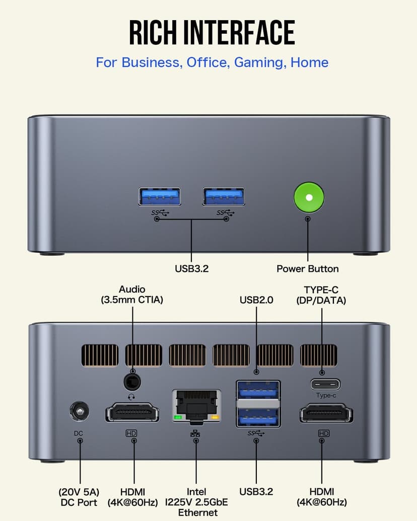 GMKtec Mini Desktop Computer, M3 Intel Core i5 12450H (8C/12T, up to 4.40GHz) Mini PC 16GB DDR4 (8GB*2) 512GB SSD, 2X HDMI 4K, 4X USB 3.2, USB-C, WiFi 6, BT 5.2, RJ45 2.5G Black