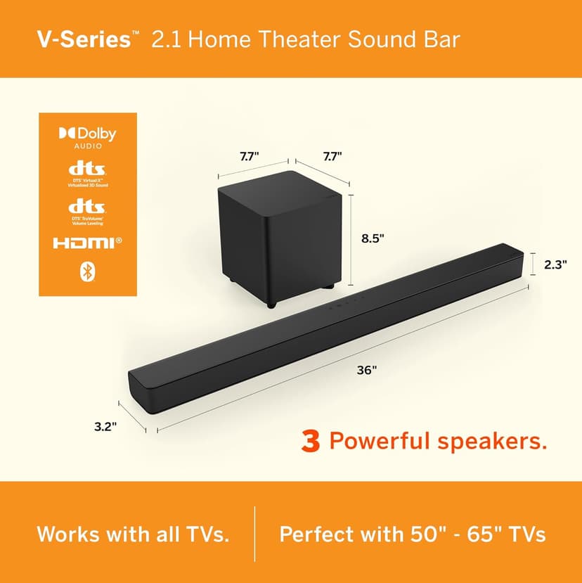 VIZIO V-Series 2.1 Home Theater Sound Bar with Dolby Audio, DTS Virtual:X, Bluetooth, Wireless Subwoofer, Voice Assistant Compatible, Includes Remote Control - V21x-J8