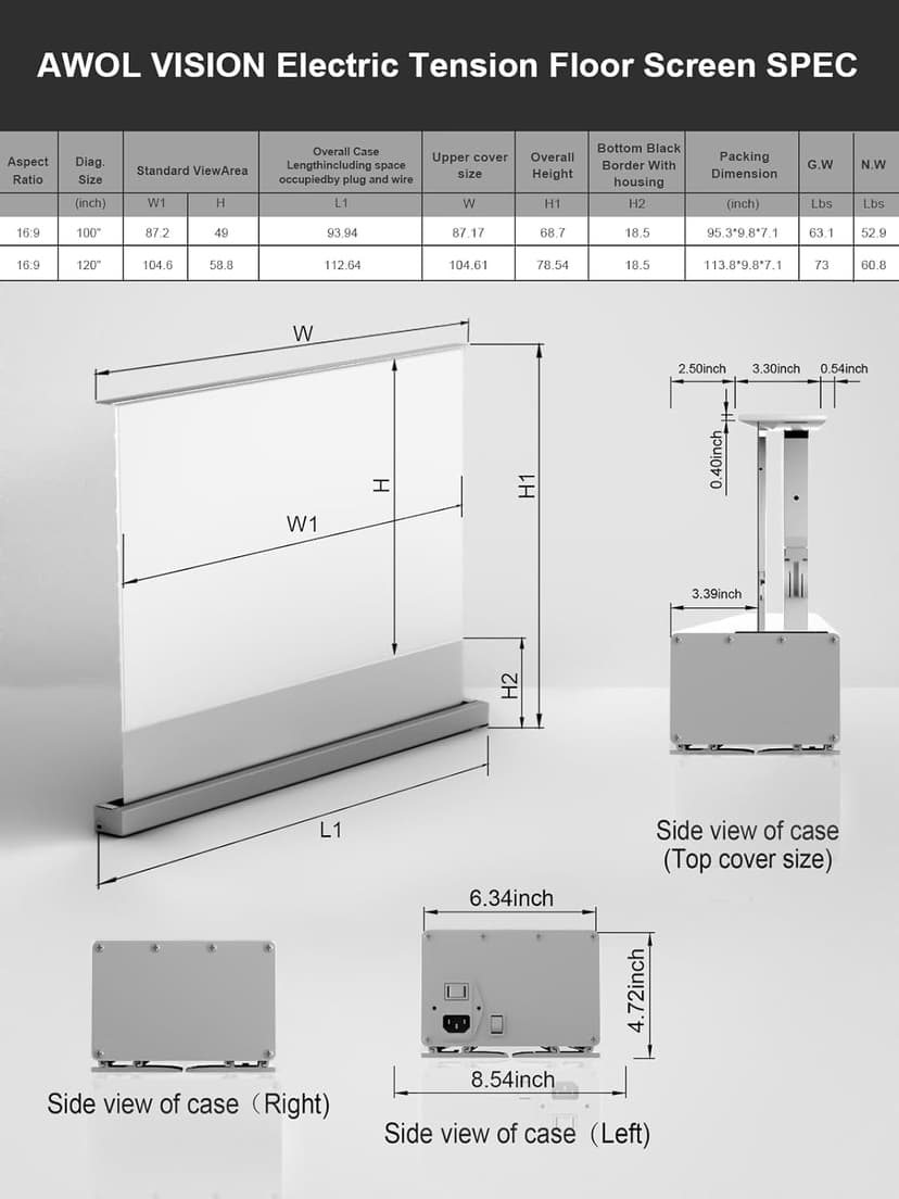 AWOL VISION 120" Motorized ALR Floor Rising Projector Screen for Ultra Short Throw Projector, Floor Stand Screen for Home Theater, 4K/8K Ultra HD, Active 3D, 95% Ambient Light Rejecting-ALR-F220C
