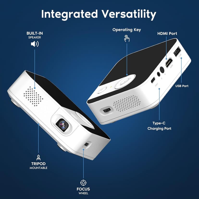 【3-hour Playtime】TMY Ultra Mini Projector, 1080P Support Portable Projector with WiFi and Bluetooth, Battery Powered Movie Projector, DLP Video Projector, Compatible with Phone/Pad/TV Stick/HDMI/USB