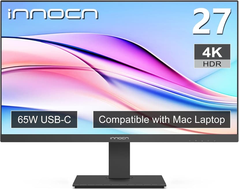 INNOCN 27 Inch 4K Monitor Computer UHD 3840 x 2160 LCD IPS Display, HDR400, USB C 65W, DP, HDMI, PC Monitor for Mac Laptop, 1.07B+ Colors, Built-in Speakers, Pivot/Height Adjustable Stand, Black