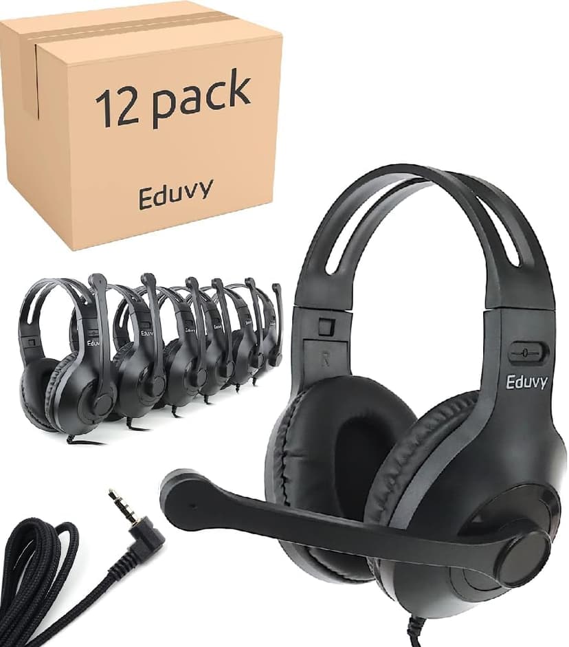 Bulk Headphones for Classroom with Microphone, Heavy-Duty School Pack Wired Headphones for Students with Rotating Boom Mic. Teacher Must Haves from Elementary to College (12 Pack Black)