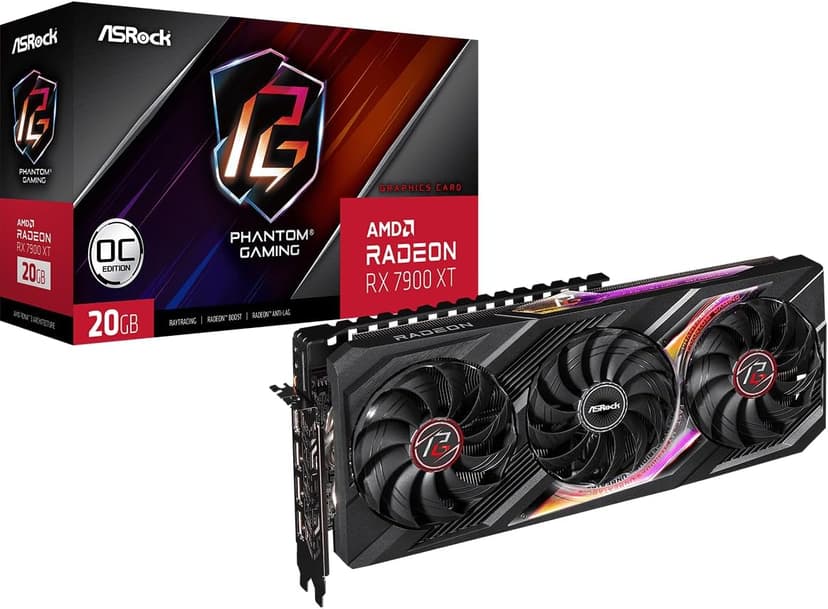 ASRock AMD Radeon™ RX 7900 XT Phantom Gaming 20GB OC Graphics Card 320 Bit 7680 x 4320 0dB Silent Cooling 3 x DisplayPort™ 2.1 GDDR6 1 x HDMI™ 2.1 20Gbps PCI Express 4.0