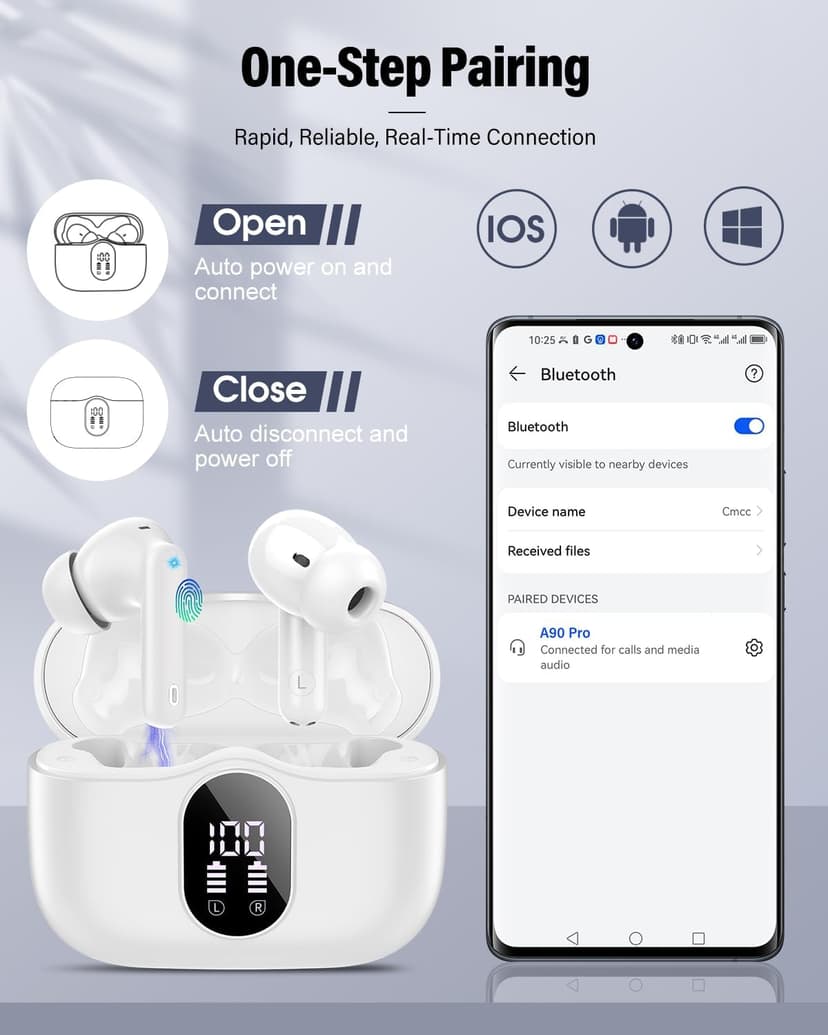 Wireless Earbuds, Bluetooth 5.4 Headphones Bass Stereo, Ear Buds with Noise Cancelling Mic, IP7 Waterproof in Ear Earphones, 36H LED Display Bluetooth Earbuds for Laptop Pad Phones Sports, White