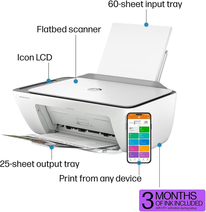 HP DeskJet 2855e Wireless All-in-One Color Inkjet Printer, Scanner, Copier, Best-for-home, 3 months of Instant Ink included, Single-band Wi-Fi connectivity (588S5A)