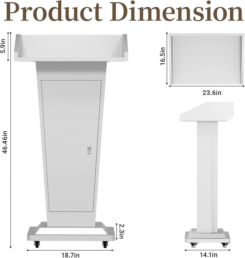 Heavy-Duty Black Metal Podium Stand with Lockable Wheels | Mobile Lectern with Storage Cabinet & Adjustable Height | for Conference Rooms, Churches, Classrooms & Events