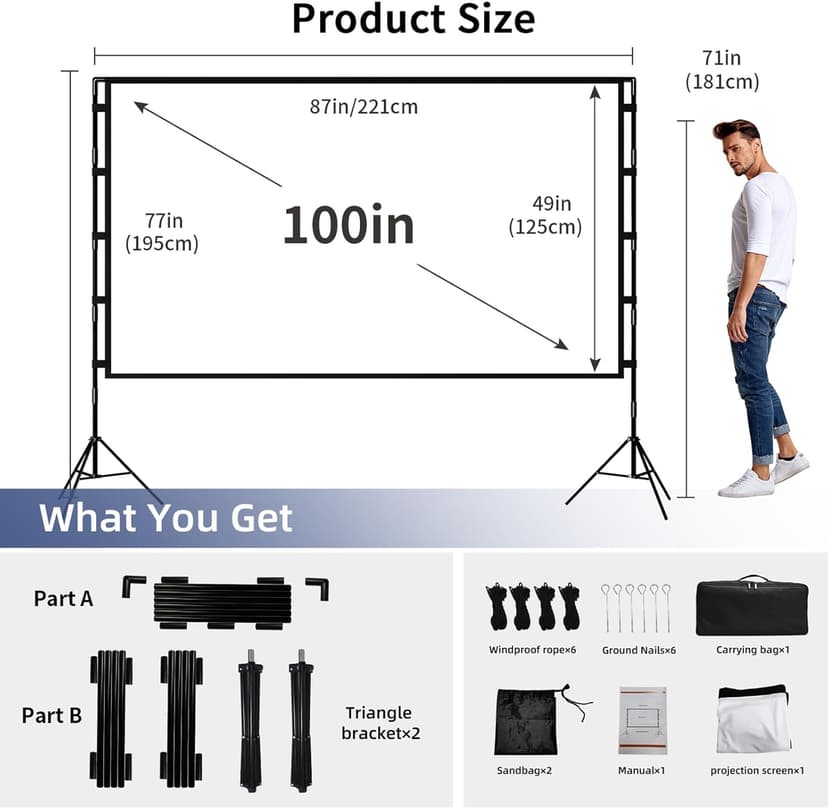 Projector Screen with Stand, Wootfairy 100 inch Foldable and Portable Projection Screen 16:9 4K HD Rear Front Wrinkle-Free Movie Screen with Carry Bag for Indoor Outdoor Home Theater Backyard Cinema
