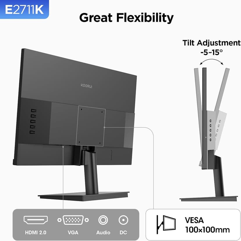 KOORUI Monitor, 27 Inch Gaming Office Monitor, Eye-Care IPS FHD 1080P 144Hz Computer Screen with HDMI VGA, Slim Bezels, Freesync, Ergonomic Tilt, VESA Mountable, Black