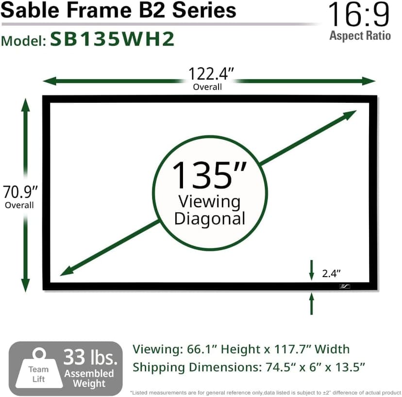 Elite Screens Sable Frame B2 Series 135-Inch Fixed Frame Projector Screen, 16:9 Ultra HD 4K/8K & Active 3D Ready, ISF Certified CineWhite UHD-B Material, Home Theater UST Projection Screens, SB135WH2