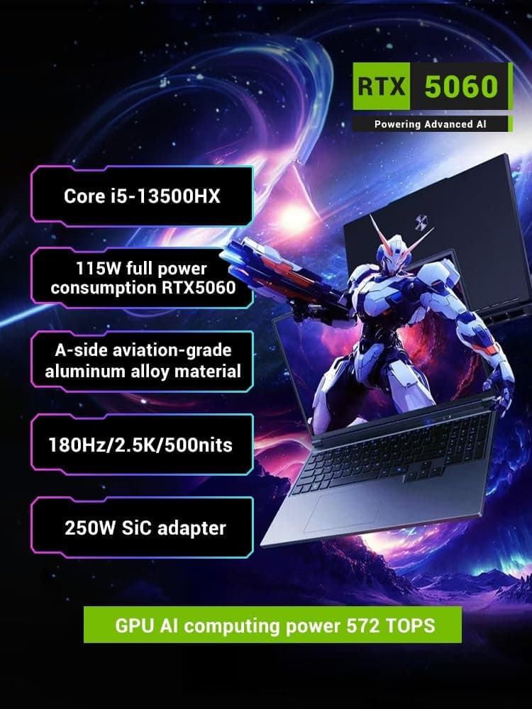 FIREBAT Laptop Gaming RTX 5060 GDDR7 GPU, 16" 2560x1600 2.5K 180Hz QHD 500nits 100%sRGB, Core 13500HX CPU, 1TB PCIe Gen4 SSD, 16GB DDR5 RAM, Metal Case Gaming & Entertainment Notebook Laptop Gamer PC
