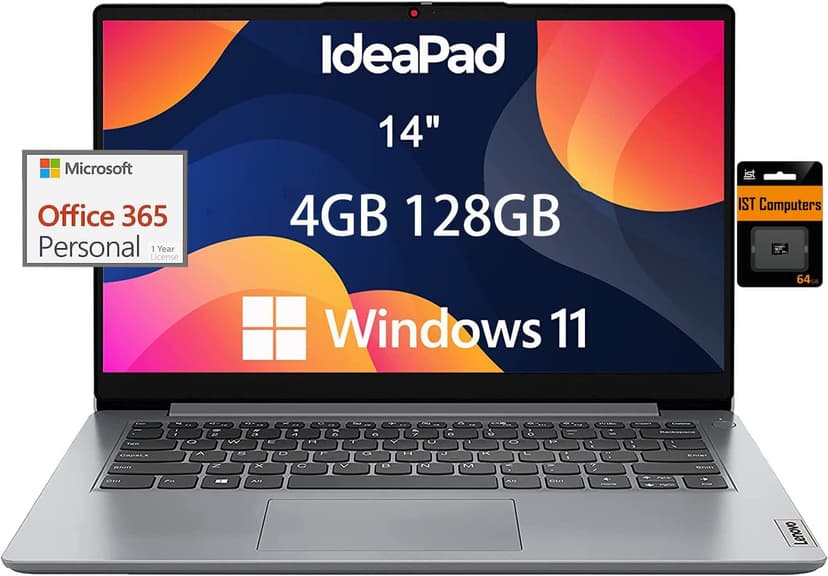 Lenovo IdeaPad Ultra Light Laptop for Student & Home (14" Anti-Glare, Intel Dual Core Processor, 4GB RAM, 128GB Storage (64GB+ 64GB SD)), 1 Year Office 365, Webcam, Wi-Fi 6, Win 11 Home in S, Grey