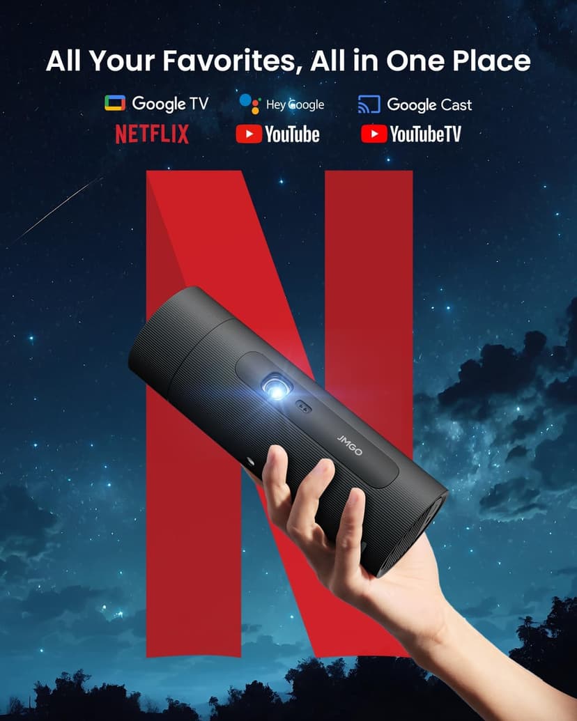 JMGO PicoFlix 2024 New Bottle Rotating Gimbal Projector, 4.5hrs Battery, Smart & Portable Outdoor Projector with Google TV, Licensed Netflix, 1080P FHD, 420 ISO Lumens, Auto Focus, HDR10, 10W Speakers