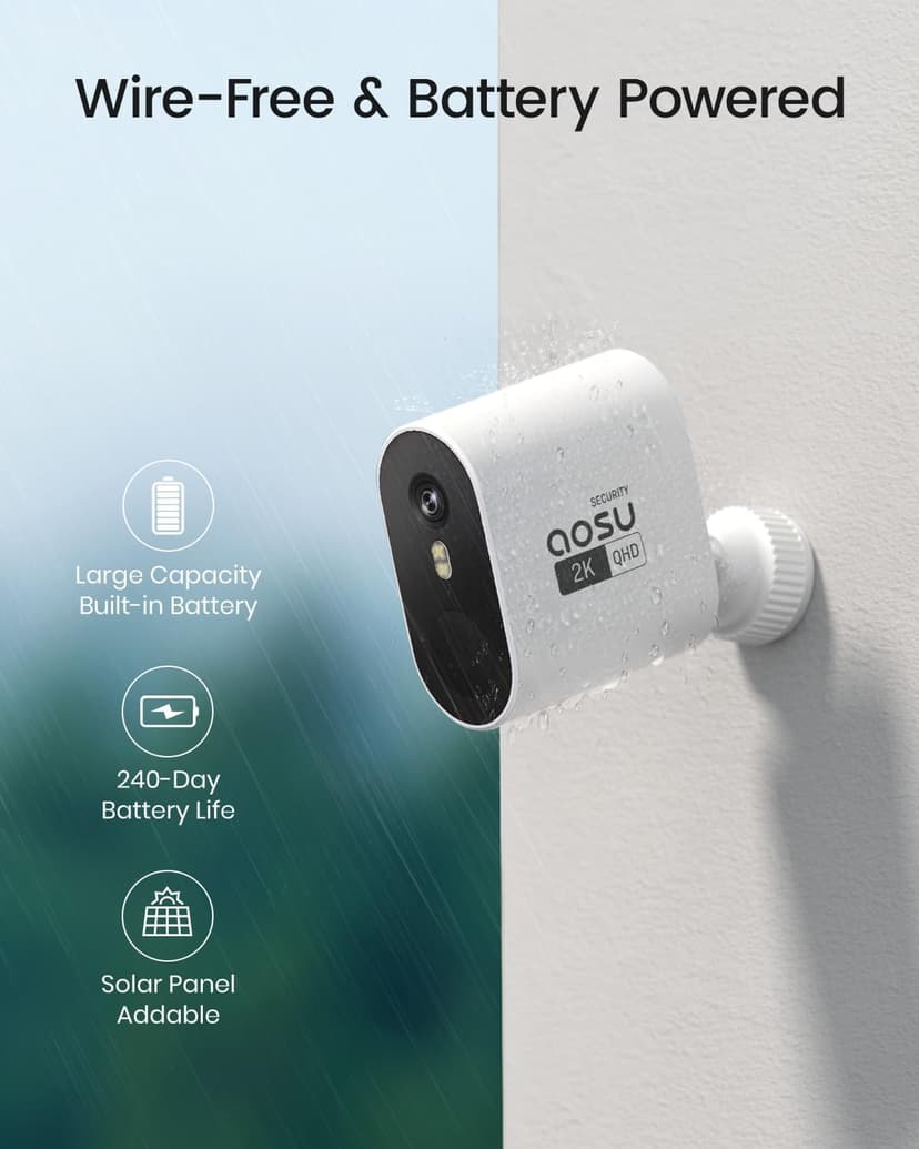 AOSU Security Cameras Wireless Outdoor Home System, True 2K HD Night Vision, No Subscription, 240-Day Battery Life, 166° Wide View, Spotlight & Siren Alarm, Motion Alert, Support 2.4G & 5G WiFi Router