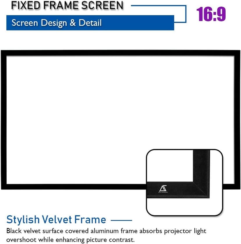 Akia Screens Fixed Frame Projector Screen 120 inch 16:9 8K 4K Ultra HD 3D Ready Wall Mount CINEWHITE UHD-B 120 Projection Screen for Indoor Movie Video Home Theater Cinema Office AK-FF120WH2