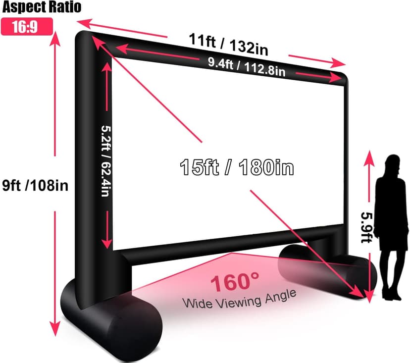 Inflatable Projector Screen 15ft Inflatable Movie Screen Outdoor with Air Blower and Storage Bag, Easy Set up, Front and Rear Projection for Outdoor Movie Night Backyard Pool Fun