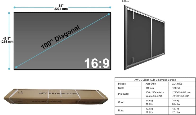 AWOL VISION Ambient Light Rejecting (ALR) Projector Screen for Ultra Short Throw(UST) Projector, 100" Fixed Frame, 80% Picture Quality Improved, 95% Celling Light Rejecting(CLR), Active 3D - C100