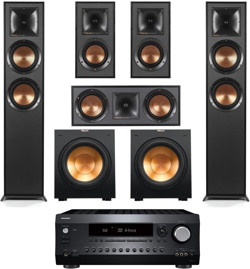 Klipsch Reference 5.2 Home Theater System, Bundle 2X R-625FA Floorstanding 2X R-12SW Subwoofer, R-52C Center, R-41M Bookshelf Speakers, and Integra DRX 3.4 100W 9.2-Channel 8K Network AV Receiver